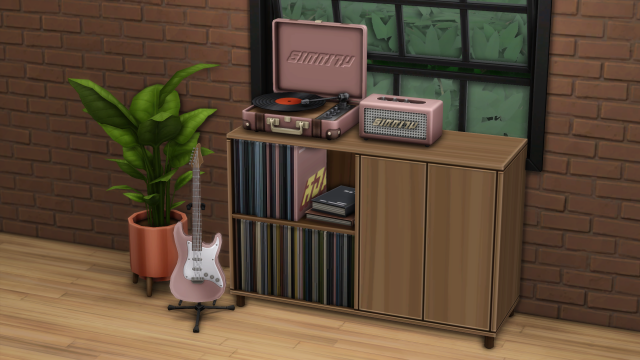 Preview of items from a custom content set created by myshunosun for The Sims 4. The set includes a guitar, a potted plant, a record player, a speaker, a stand for LPs.