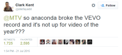 rabbitglitter:  Nicki Minaj tweets about racism/ sizeism in regards to her videos for “Anaconda” and “Feeling Myself” not getting Video of the Year Nominations.Taylor “White Feminism” Swift makes it about her.