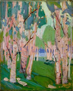 artgalleryofontario:  “The birches are very rich in colour… [but] the best I can do does not do the place much justice in the way of beauty.” (Tom Thomson) (Tom Thomson, Pink Birches, 1915, oil on composite-wood-pulp board, 26.7 x 21.6 cm The Thomson
