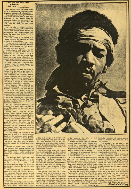 undergroundrockpress:Article published in “Berkeley Barb”, just a few day after the death of Jimi Hendrix - 1970.