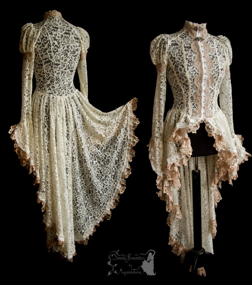 somniaromantica:Lace cardigan / over dress / elongated blouse, decorated with lots of trim and vinta
