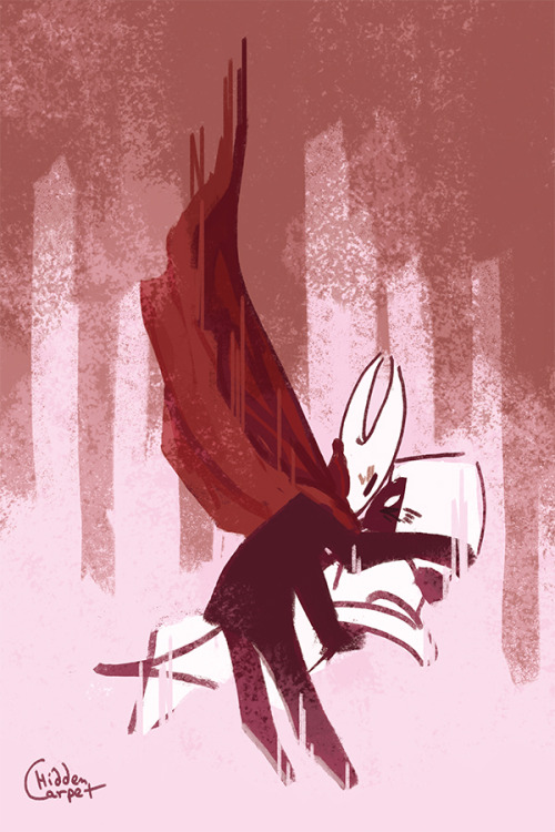 [ID: Hollow Knight: Silksong fanart. A warm digital painting in red and pink palette depicting Horne