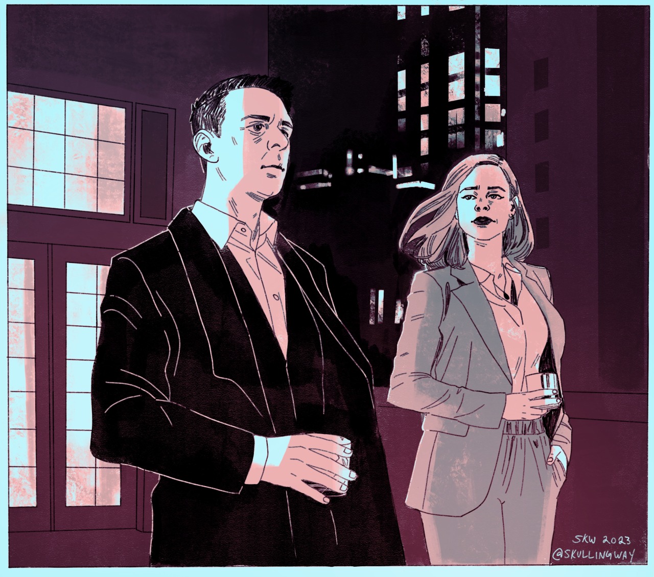 Fanart depicting Logan and Shiv Roy from Succession, posing on a rooftop at night.