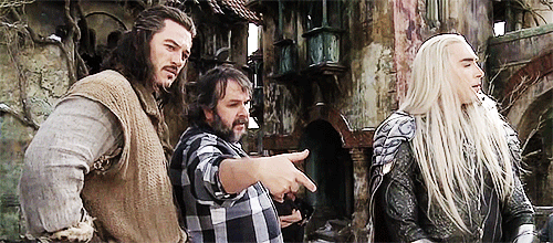 hobbsyssel:luke evans and lee pace on the set of the hobbit w/ peter jackson
