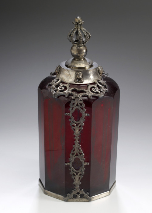 victorianink:Bottle, made of carved lead crystal glass with a silver mount and a cork stopper, belie