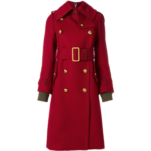 Sacai military belted coat ❤ liked on Polyvore (see more red coats)