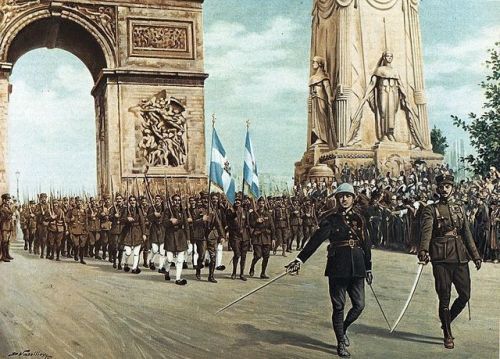  Painting depicting Greek military units in the WWI Victory Parade in Arc de Triomphe, Paris. 14 Jul