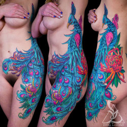 1337Tattoos:  Peacock And Chrysanthemums Side Tattoo Ideas For Women Done By Ben