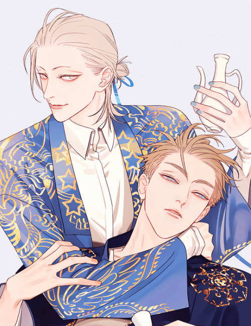 zhanxixis: new official illustration by old先 ♡ zhanyi▬ zhan zheng xi and jian yi↳ details: grabbing 