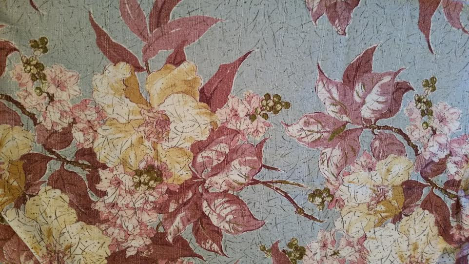 3 Vintage BARKCLOTH Fabric Panels Mid Century Modern EAMES 1940s 1950s Cottage Flowers Curtains #3