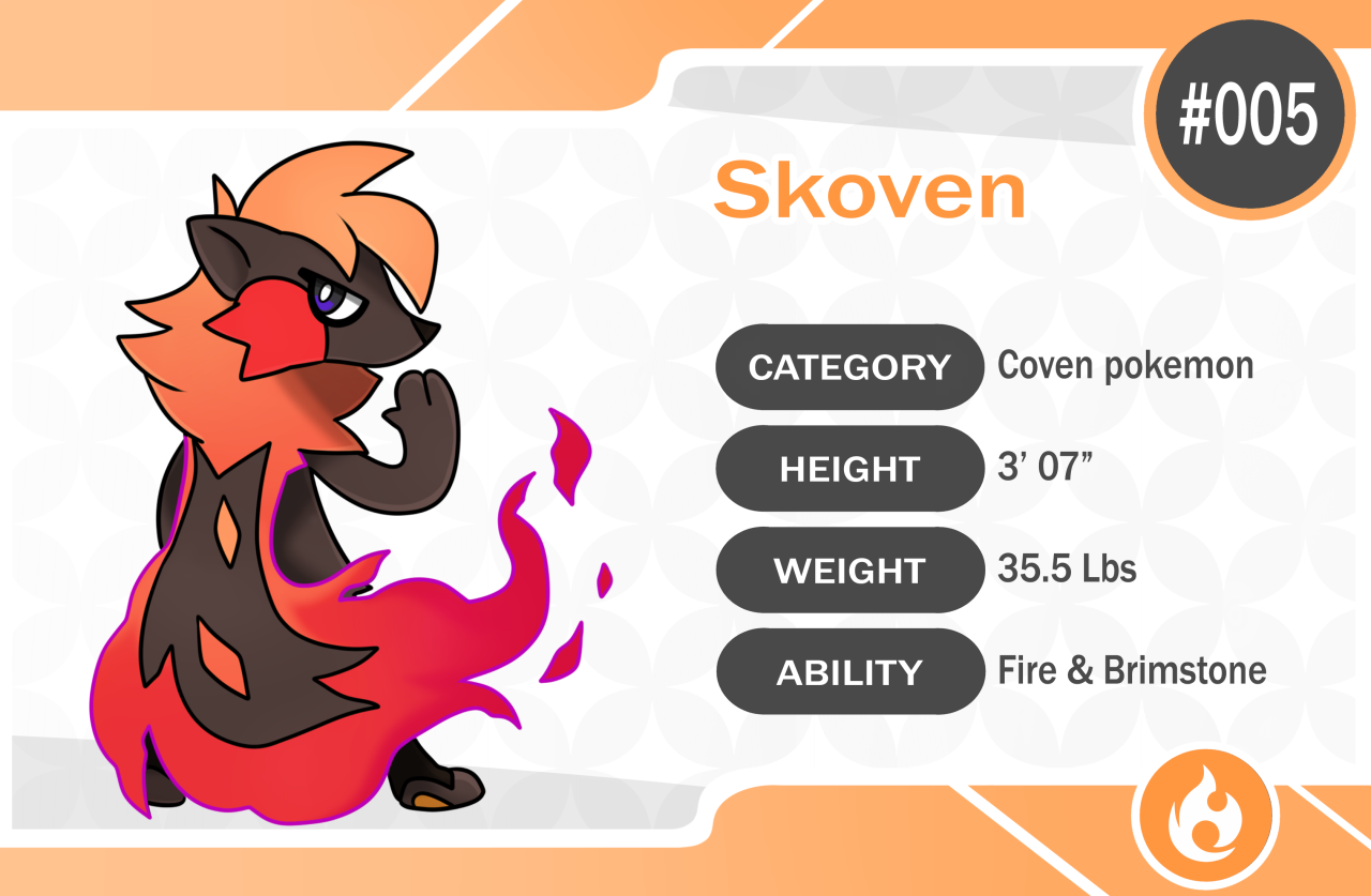 Skoven| Fire Type   
The Coven pokemonThis pokemon often lives in group, grew past their shyness, they instead focus on their unique skillsets and embrace them. Skunven are ambitious and will often found themselves in fights where they are at disadvantage.

Signature Ability |  Fire and Brimstone  
Fire and Poison moves always have a chance to afflict the burn or poison condition respectively. HP TBA
ATT   TBA   
DEF   TBA     
SpA   TBA     
SpD   TBA  
Spd   TBA  

TOTAL: 404 #my art#Ohayo region#fakemon#skoven#dex entry