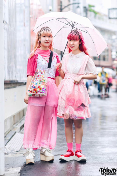 Japanese twins Ayane and Suzune wearing kawaii street styles on a rainy day in Harajuku with handmad