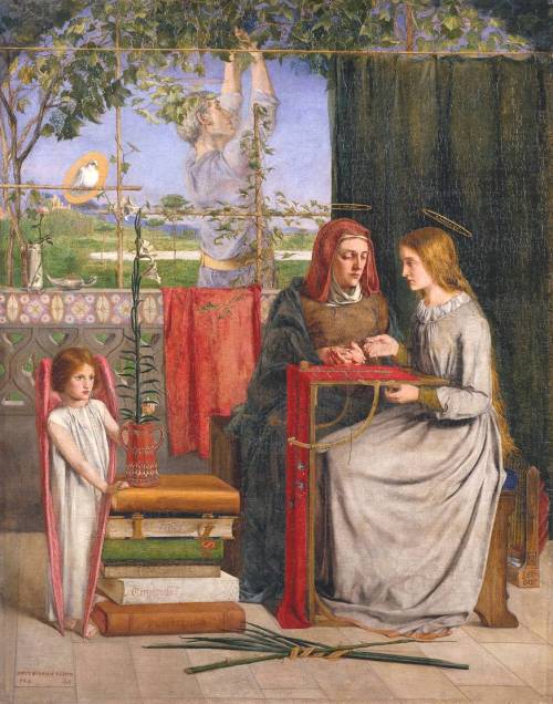 The Girlhood of Mary Virgin by Dante Gabriel Rossetti, 1848-1849.The Virgin Mary is shown here as a 