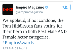 frenchfrostpudding:  purelunacy25:  frenchfrostpudding:  purple-daisies-love:  hiddleboners:  Wouldn’t that be a riot if he won for Best Female Actor.  We are a brilliant fandom.  I would like to pay a huuuuuuuuuuuuge amount of money to see him accepting