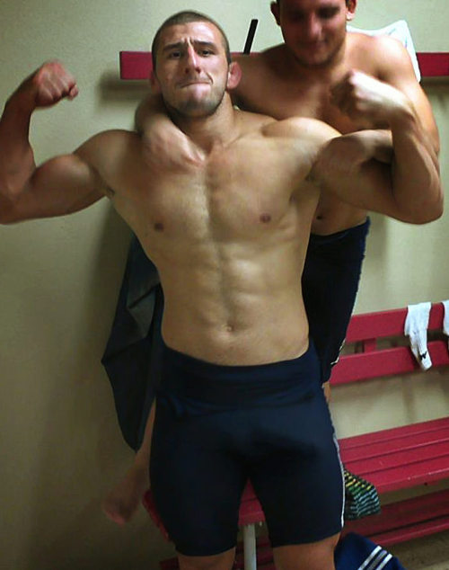 piledriveu:  i wonder if his buddy knows that he has a hardon in his singlet……