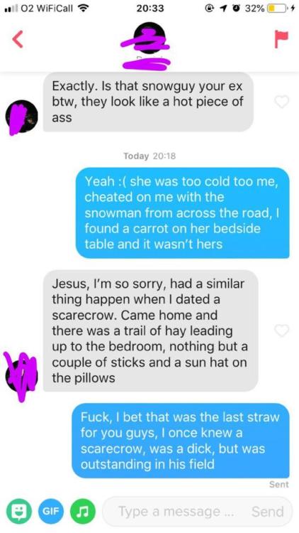 tinderventure: I’m posing with a snowman on my profile