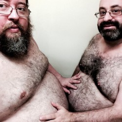 chubbyaddiction:  bearsonbloor:  Double tummytuesday edition! (at Fluffiescave)  Mhmmm, I wanna be in the middle…