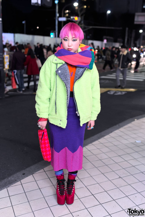 Pink-haired Japanese florist Nonoko on the street in Harajuku with a Patricia Field jacket, House of