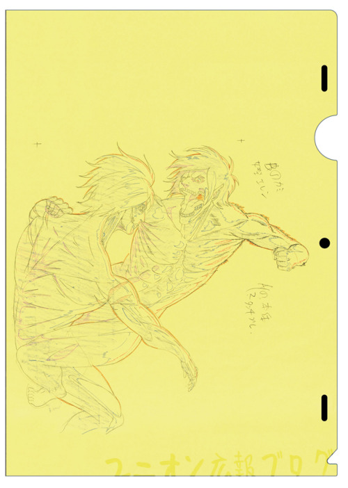 Previews of merchandise to be sold at Asano Kyoji’s upcoming exhibition, including folders of original 1st season key animation, original design posters (Such as the Shingeki no Kyojin Kouhen: Jiyuu no Tsubasa poster art), and tote bags featuring Levi