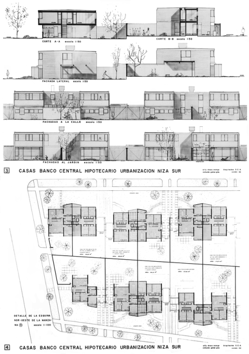 vintagehomeplans:  Colombia, 1964: Houses in Niza SouthA group of modern semi-detached houses. The average unit contains a living room, dining room, kitchen, servant’s room with shower room, and an enclosed patio on the first floor. The second floor