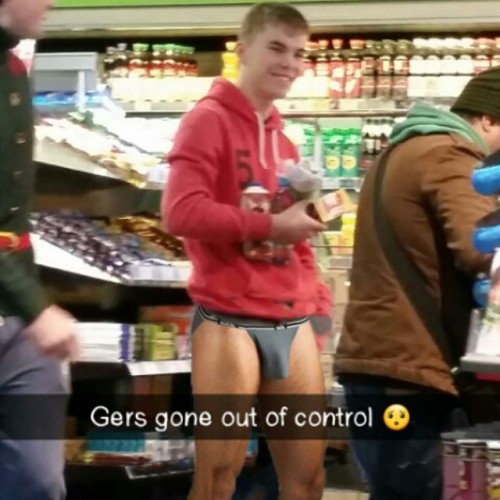 mostlymensunderwear: I work in a shop. Why doesn’t this happen more often? I mean, a fit lad wearing a pair of tanga briefs that show off his bulge really well. There should be a rule that all lads have to shop like this.