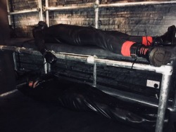 rubbergimpobject:  07 July 2018 - training journey started with a visit to this awesome playroom, where it was securely bound (top bunk) in full rubber and gas mask. This is the first photo of the first step of that journey. Object on bottom bunk was