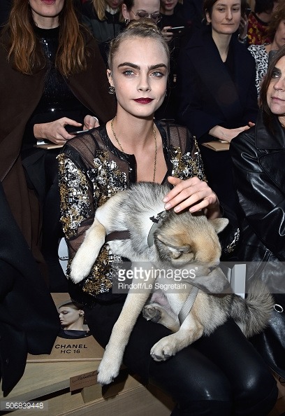 Cara and pooch go front row at Chanel Haute Couture during Paris Fashion Week