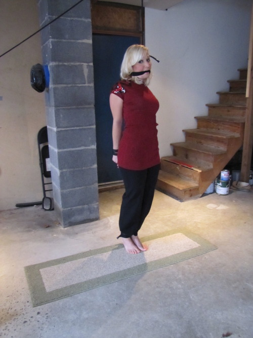 zippo077:  A victim of a particularly sadistic gang of home invaders, Beverly was led down to her basement, bound hand and foot, gagged, and left in this predicament. Forced to stand on her toes to avoid having the noose tighten, she wondered how much