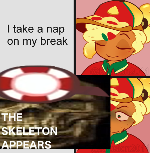 I can’t wait for the update![IMAGE ID: Top left panel reads “I take a nap on my break”, while the ne