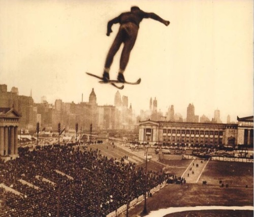 Ski jumping at Soldier Field, 1938, Chicago.