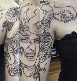 dustyneal:  Started a medusa half-sleeve on a nice lady who was kind enough to travel from Canada and get this lined out.