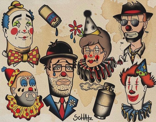 Love this work by @chrisschatztattoos ! # #kingofthehill #kingofthehilltattoo #clowns #clowntattoo #