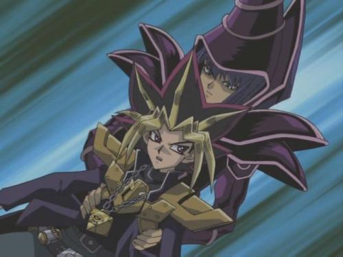 thewittyphantom:Dark Magician and Magician of Black Chaos helping Yami Yugi in Capsule Monsters. (He