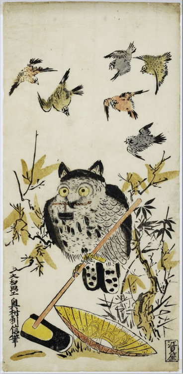 Okumura Toshinobu: An Owl and Sparrows ca. 1716-1736This is an example of urushi-e, the early ukiyo-