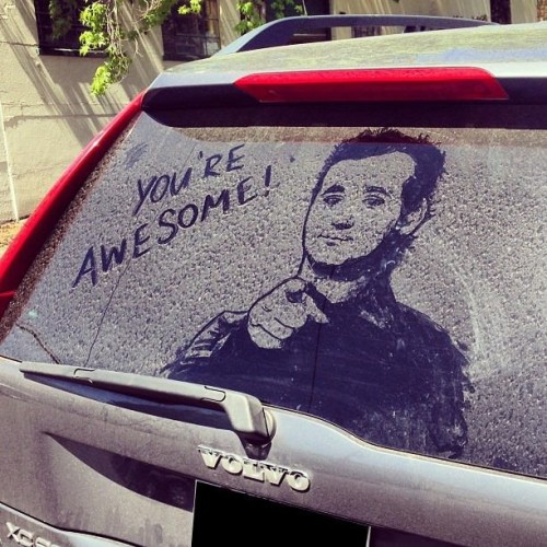 9gag:  Whoever drew this picture of Bill Murray on a Volvo’s rear window… 