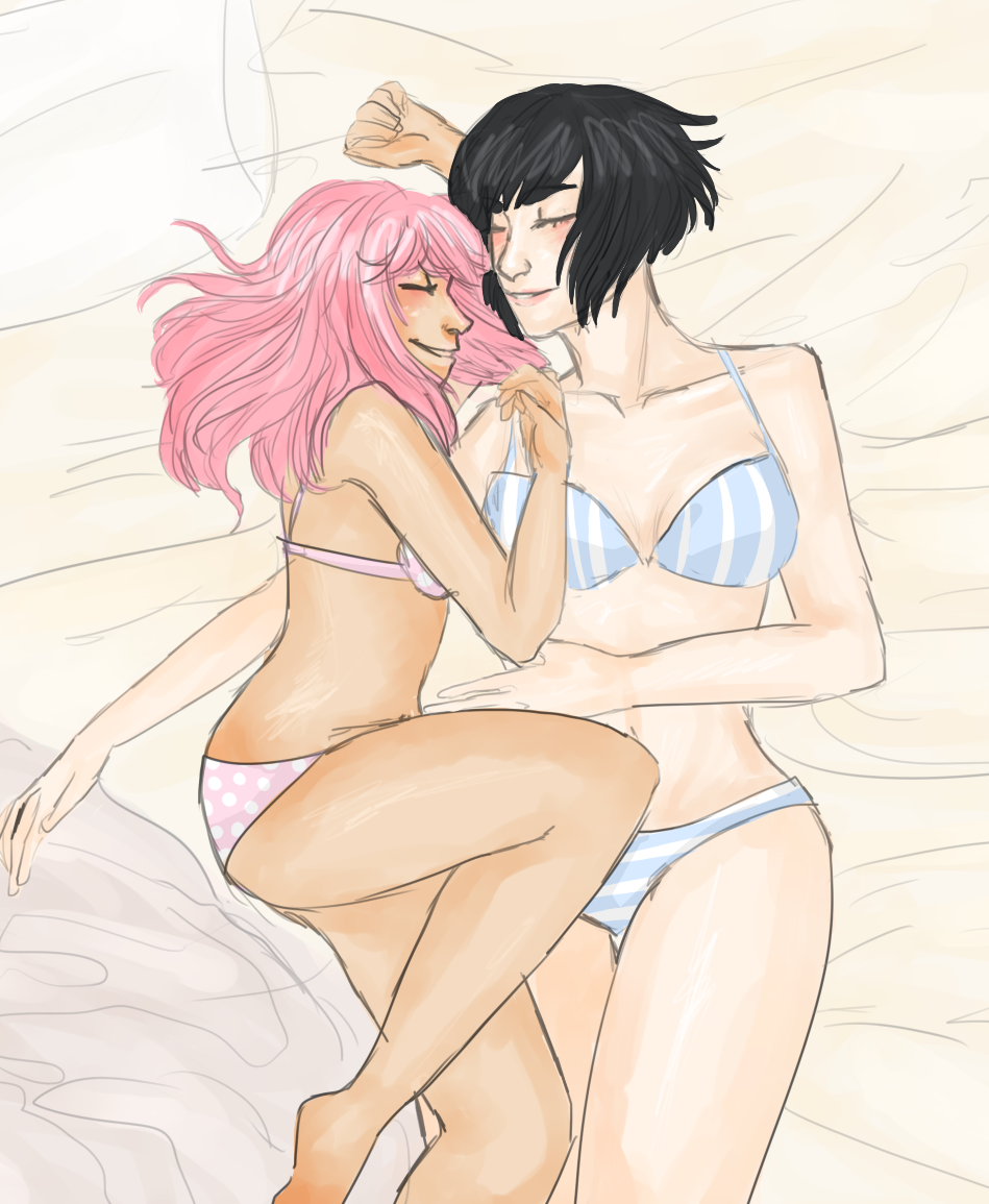 chiakienanami:  cute girlfriends doin the snugs in their undies  nonon is so small 