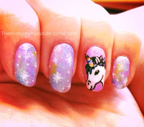 Girly galaxy and unicorn nails! (They&rsquo;re very short now because I broke one this week :( #