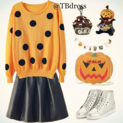 tbdressfashion:  sweater [1]    skirt [2]    sneakers [3]    pumpkin bag [4] TBdress Halloween Free Shipping Activity 