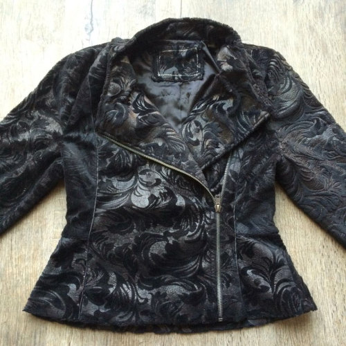 serialstitcher:Black Filigree Damask Motorcycle Jacket Oooooh, I want that fabric!