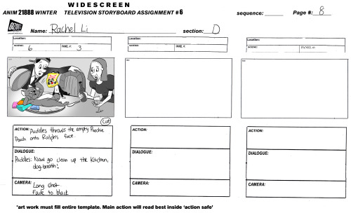 Beat board and story panels for a commercial script “Poochie Pouches”. Last storyboard a