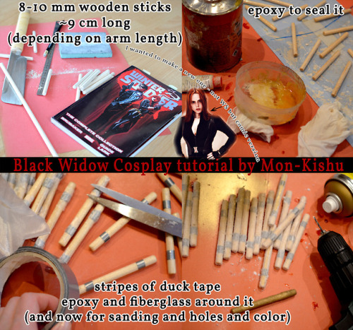 aerithmonkishu:#BlackWidow stingers #cosplay #tutorial #wipwooden sticks, duck tapes, epoxy, fibergl