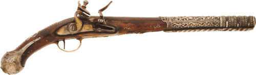 A silver mounted flintlock pistol originating from the Middle East, 18th century.