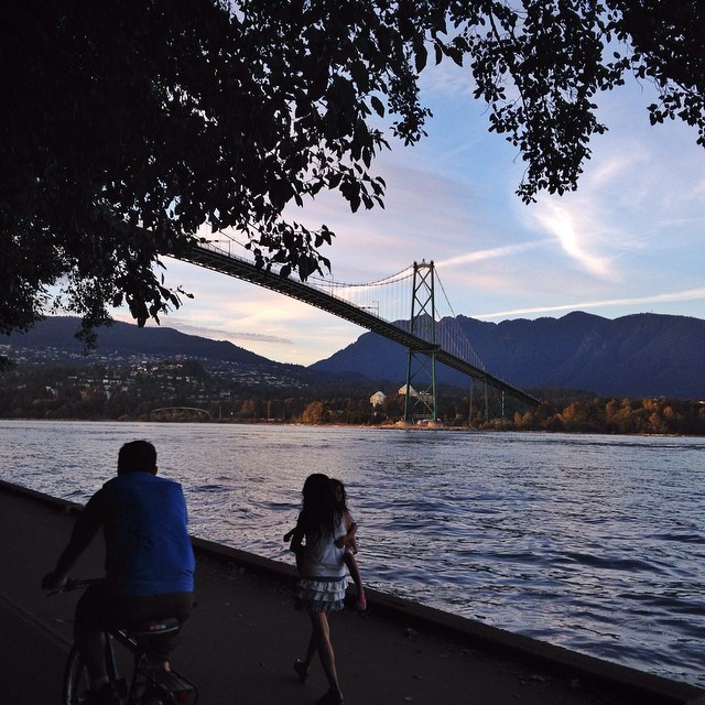 From this angle, the bridge appears so tranquil, so serene. And yet simultaneously, up top, it’s like a torrent, a thunderstorm of traffic. #perspectives (at Lions Gate Bridge)