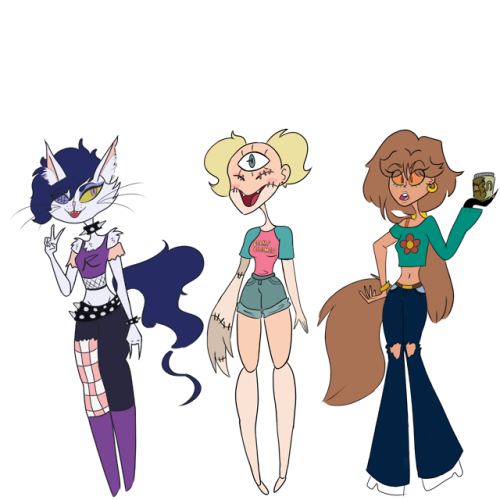 some of my oc designs I did on firealpaca! from left to right; Reagan the Hellcat, Seven “Susie” Kle