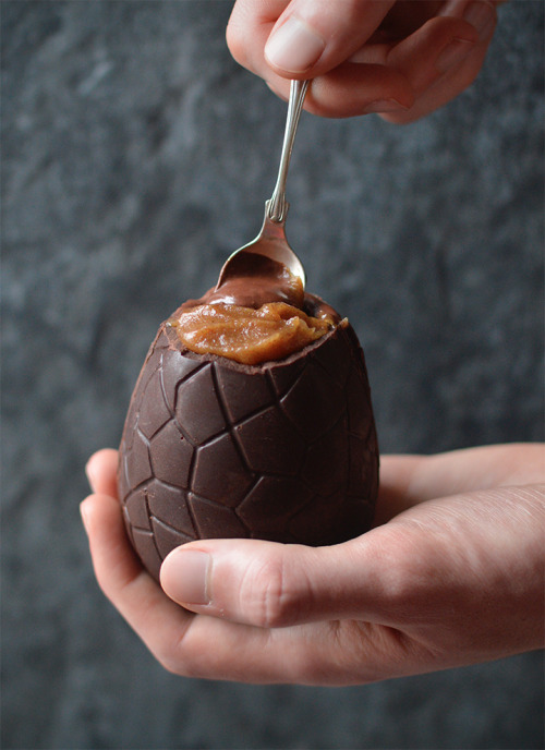 Raw Chocolate Egg Filled with Caramel and Chocolate Mousse