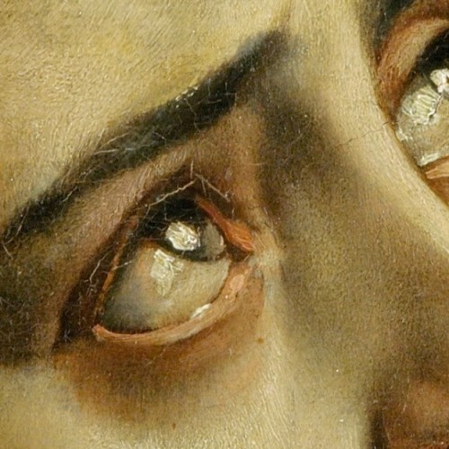 Details of eyes #2 in paintings by Vermeer, Courbet, Waugh, Brjullov, and Dolci.