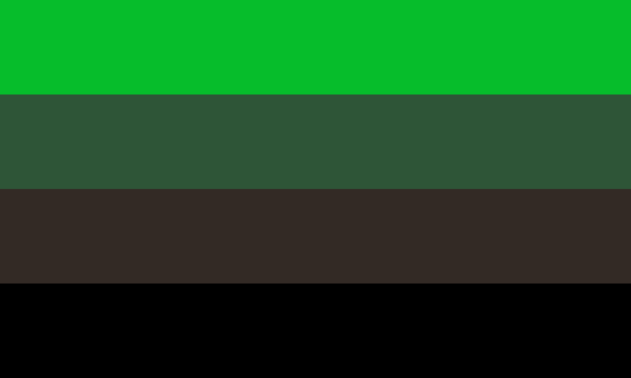 Flag ID: A flag with 4 horizontal stripes. They are bright green, green-gray, brown-gray, and black. End ID.