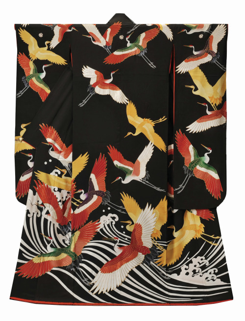 thekimonogallery: Chiso Co., Ltd, Furisode with Wave and Crane Design, Made for Nishimura Tokuko, t