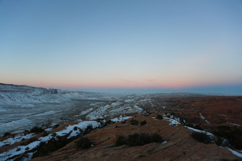 Views across Arches National Park at sunrise. Utah