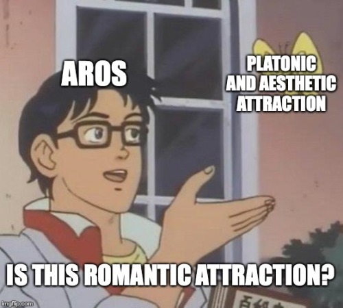 raavenb2619:[ID: The pigeon meme. A man, labelled “aros” looks at a butterfly, labelled “platonic an